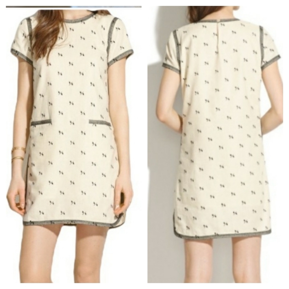 Madewell Lightstitch Cream Black Linen Embroidered Shift Tunic Mini Dress